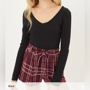 New Ribbed Bodysuit Long Sleeve V-Neck Yarn “Sweater Like” Viscose Thong Black